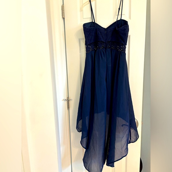 Navy high-low flowy spaghetti strap dress with crochet waistband - Picture 1 of 4